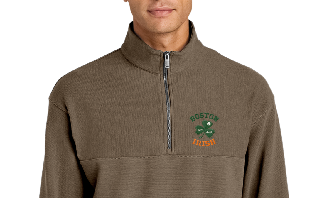 Embroidered Quarter Zip Sweatshirt with Boston Irish 1776-2026 Graphic Design